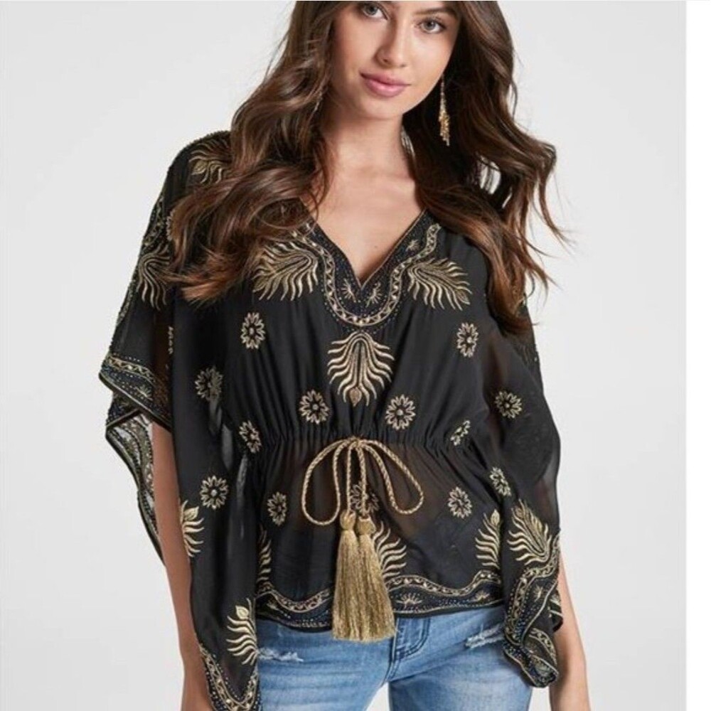 Venus Black Gold Embroidered Boho Tunic MEDIUM Beaded V-Neck Resort Top Cover Up